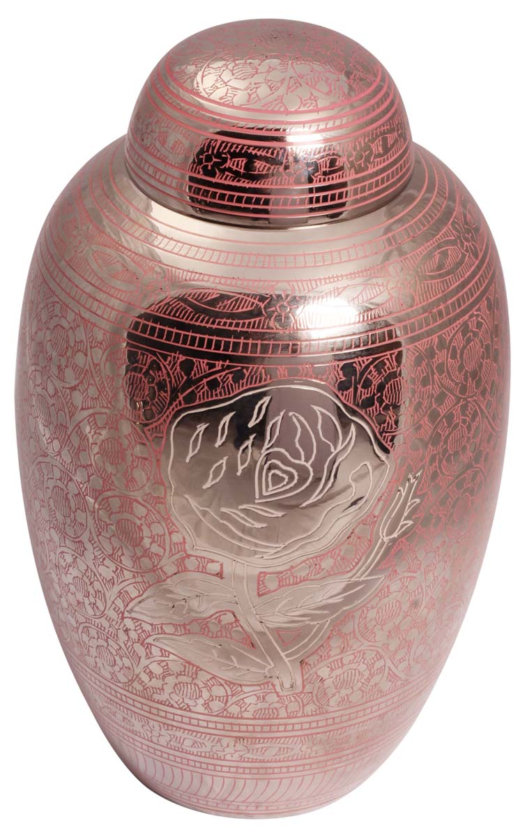 10” Brass Cremation Urn – Silver Tone with Pink Motifs – Solid Urns for Ashes at Wholesale